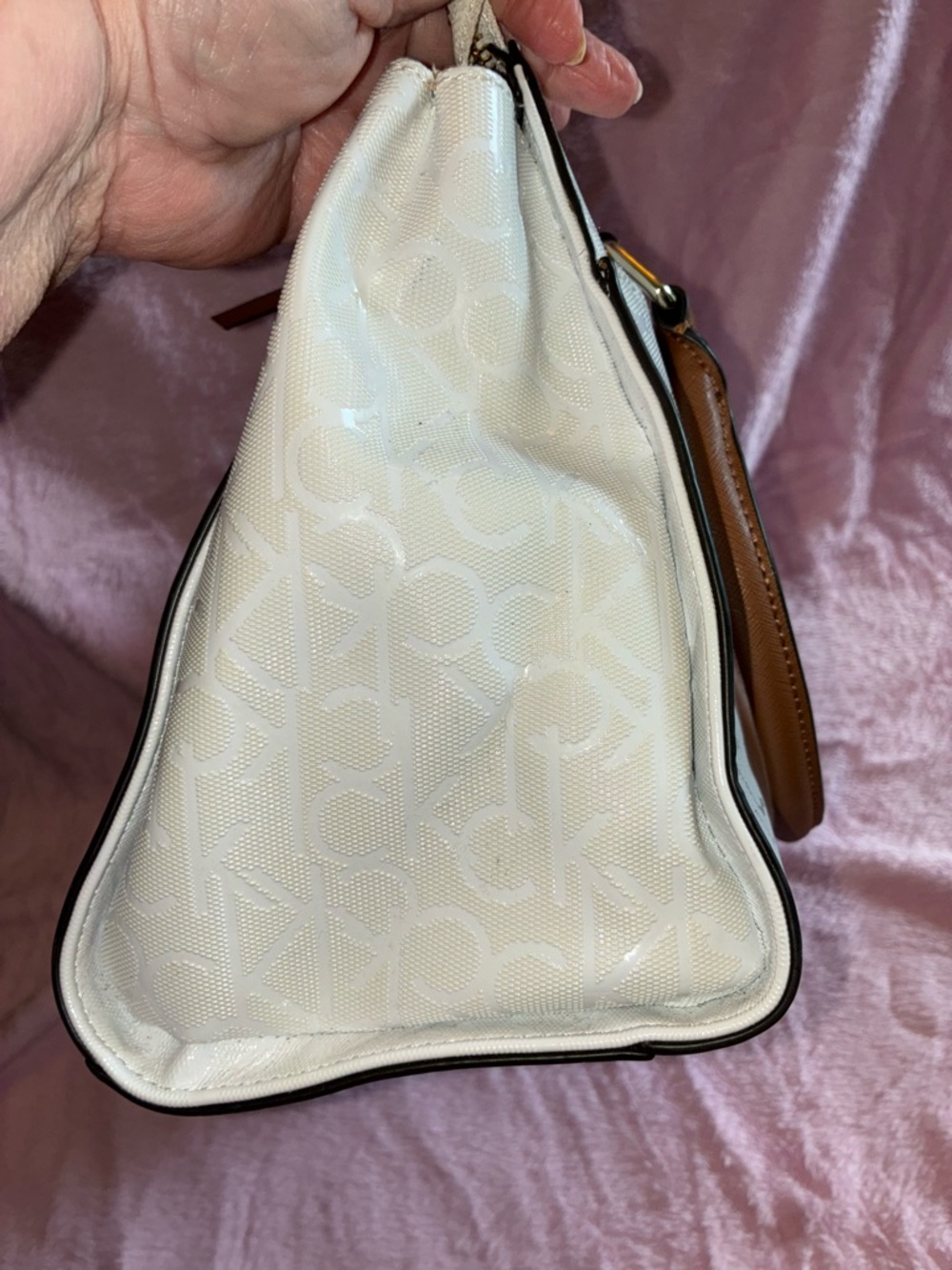 EUC! Beautiful Calvin Klein Monogram Floral Satchel/Crossbody w/Brown Strap - Picture 8 of 11